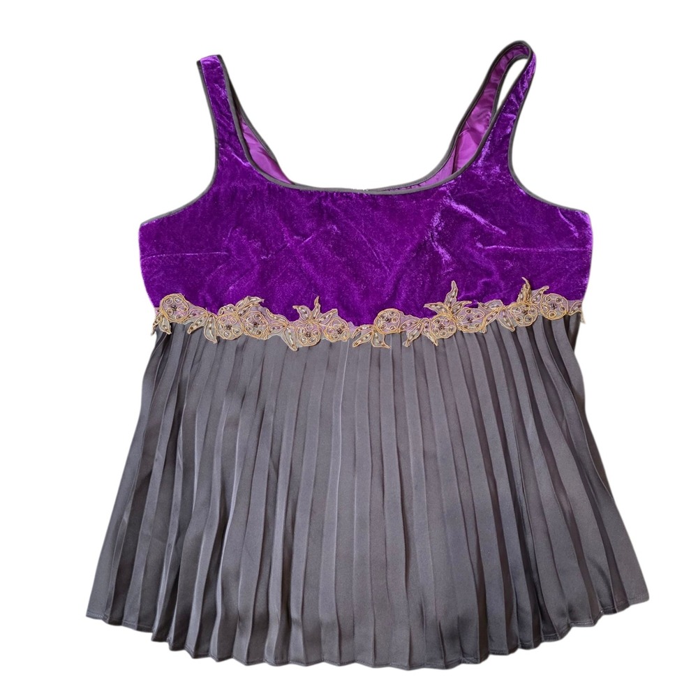 VTG Bandolino Purple Velvet Top Gold Embroidery Pleated Brown Tank Top Sz‎ 12